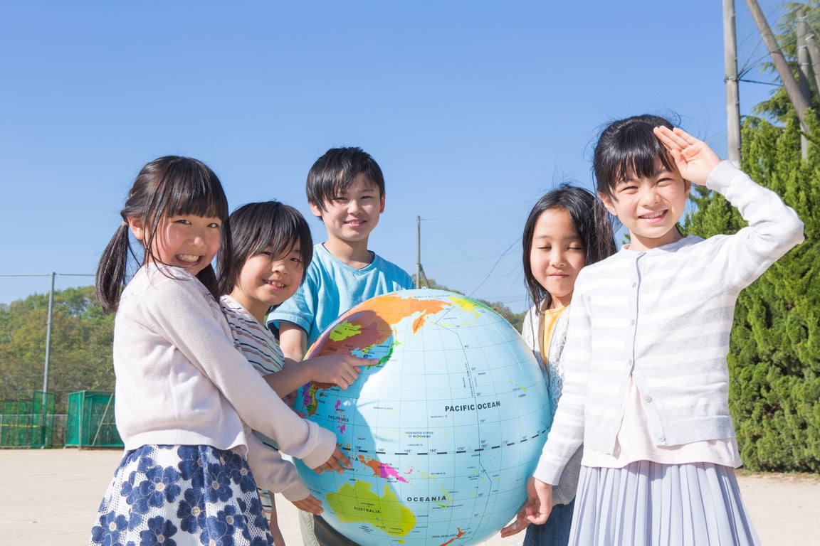 Elementary school students with globe